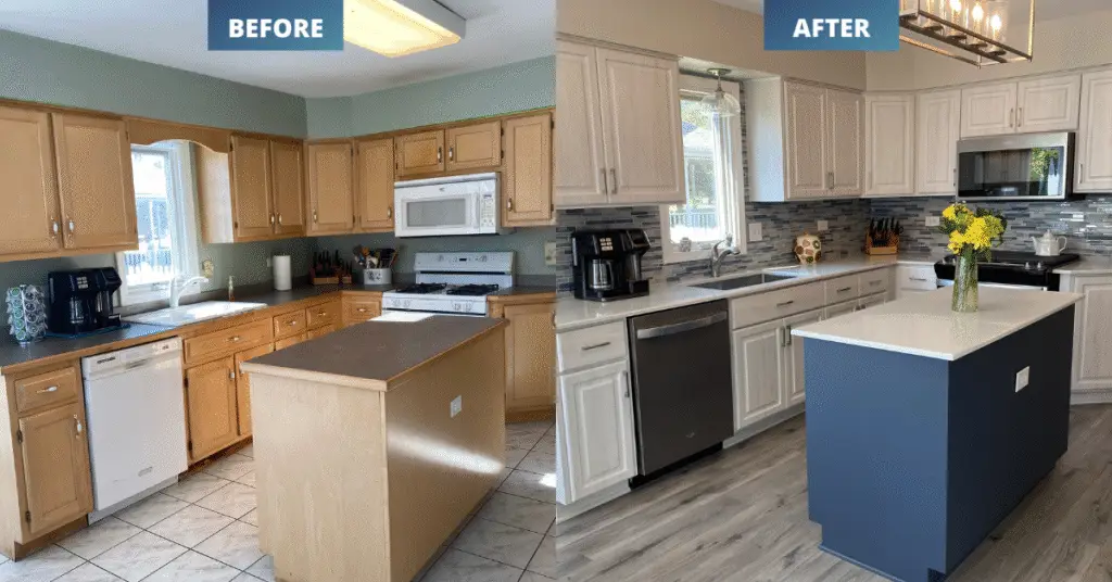 Before and after images of kitchen remodel with refaced cabinets